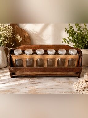 Vintage Wooden Wall Shelf Spice Rack with 6 Glass Jars Rustic Farmhouse Kitchen